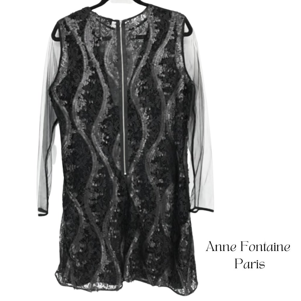 ANNE FONTAINE BLACK SEQUIN MESH PAMILA DRESS WITH EXPOSED BACK ZIPPER LINED, 38